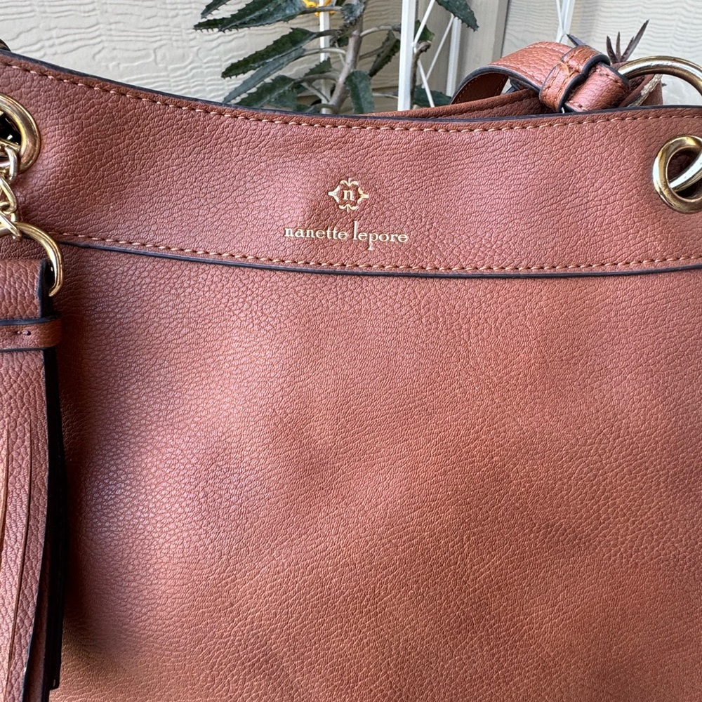 Nanette Lepore Pebbled Leather Tassel Tote Brown Boho Chic Animal Print Classic - Picture 5 of 14